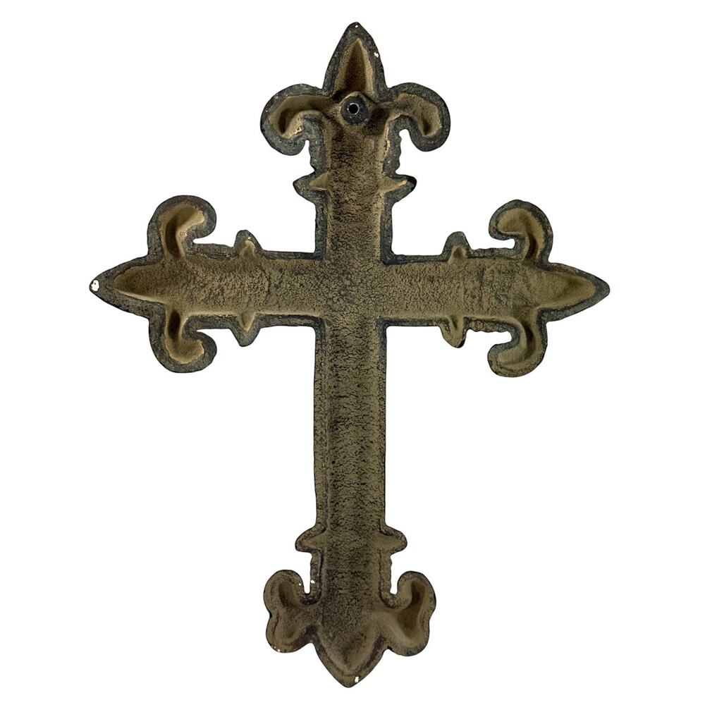 Cast Iron Fleur De Lis Wall Cross Rustic Religious Decor Brown Distressed 12” - Picture 7 of 7
